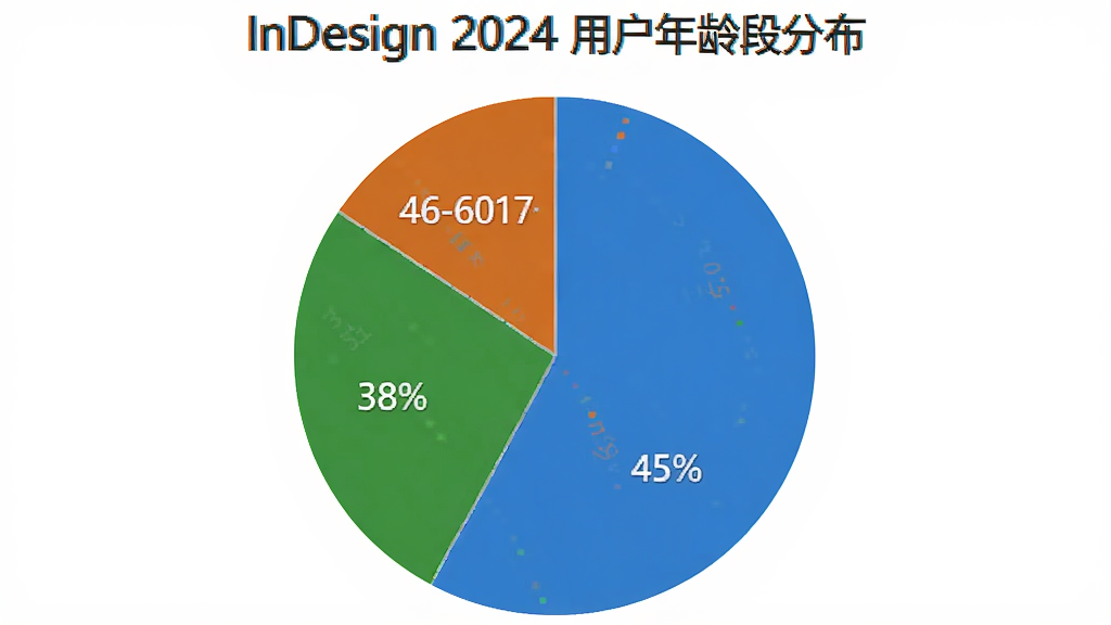 一张饼状图,展示InDesign 2024用户年龄段分布,18-30岁占45%(蓝色),31-45岁占38%(绿色),46-60岁占17%(橙色),图表简洁清晰,颜色鲜明,无多余元素,画质干净。