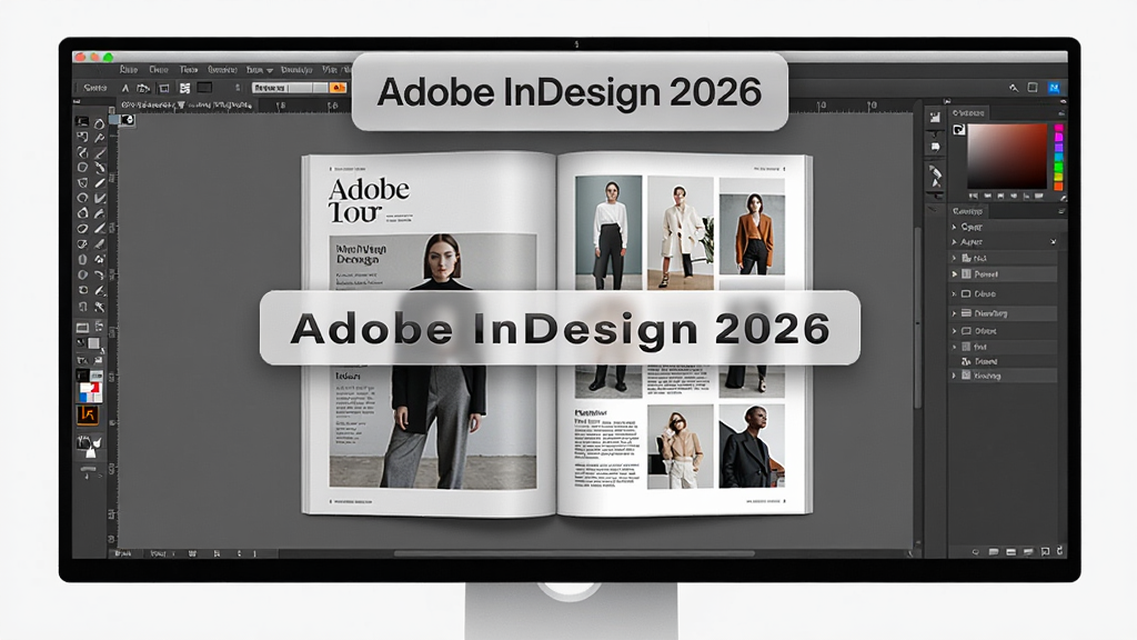 主体为Adobe InDesign 2026软件启动界面与中文版式设计工作台,布局为宽屏显示器上显示软件完整操作界面,左侧工具栏与右侧面板,中央展示一本翻开的精美时尚杂志跨页排版,排版风格为现代简约杂志风,细节包括清晰的文字排版与图片网格,画质为8k超高清,干净无多余元素,画面中漂浮着软件名称“Adobe InDesign 2026”的文字标签。