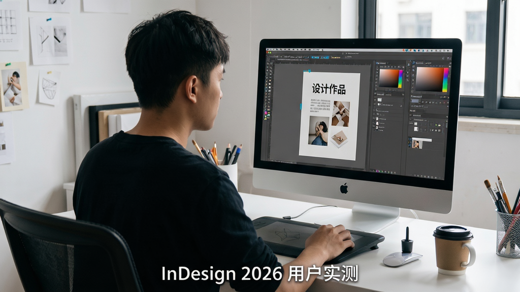 用户使用场景图,主体为一位年轻设计师在工作室使用台式机操作Adobe InDesign 2026,布局为人物侧后方视角,电脑屏幕清晰显示排版界面,屏幕上有“设计作品”字样,排版风格为纪实摄影风格,细节为桌面整洁摆放手绘板与咖啡杯,画质为高清专业摄影质感,干净无多余元素,图片下方标注“InDesign 2026用户实测”。