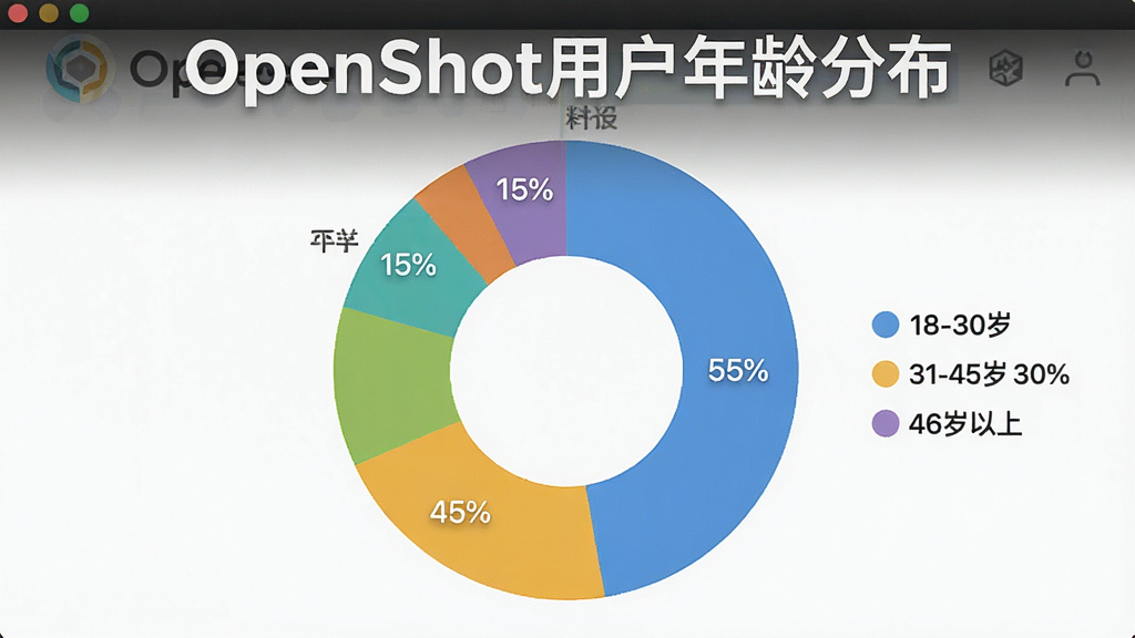 һ��չʾOpenShot��Ƶ�༭����pc�ͻ����û�����ֲ������ı�״ͼ�������ǲ�ɫ���α�ͼ��ͼ��������ע18-30��ռ55%��31-45��ռ30%��46������ռ15%��������ִ��������ɾ������ʸ��壬ͼƬ�ϴ������֡�OpenShot�û�����ֲ���
