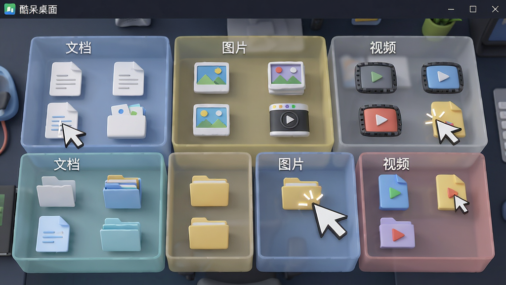 主体:酷呆桌面软件运行界面,显示文件自动分类到不同分区的过程。布局:桌面被划分为多个半透明格子,每个格子内放着不同类型的文件图标,并有文字标签。排版:格子均匀分布,文件图标排列整齐。风格:3D轻拟物风格,透视感强。细节:展示鼠标拖拽文件到分区的动作,格子上方标注“文档”“图片”“视频”等字样,软件名称“酷呆桌面”出现在左上角。画质:高分辨率,干净整洁。