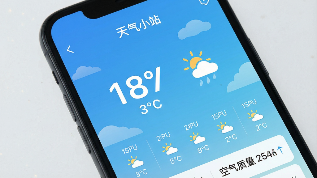 一张手机屏幕的特写,屏幕中显示一款名为“天气小站”的应用界面,界面设计极简清爽,背景是动态的渐变天空蓝,中央是硕大的温度数字和天气图标,下方是逐小时预报和空气质量指数,整体风格扁平化,UI布局干净整洁,画质清晰,无多余元素,文字突出“天气小站”