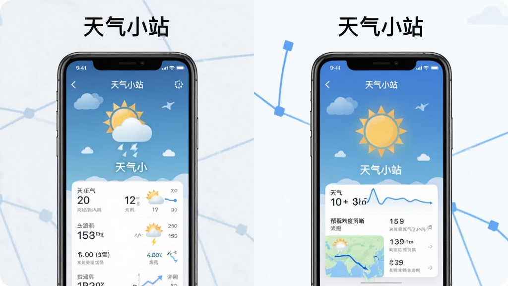 一张天气数据对比的示意图,左边是其他普通天气App的界面,右边是“天气小站”的界面,重点突出“天气小站”的预报精度更高,数据来源更清晰,风格写实,画面干净,文字标注“天气小站”
