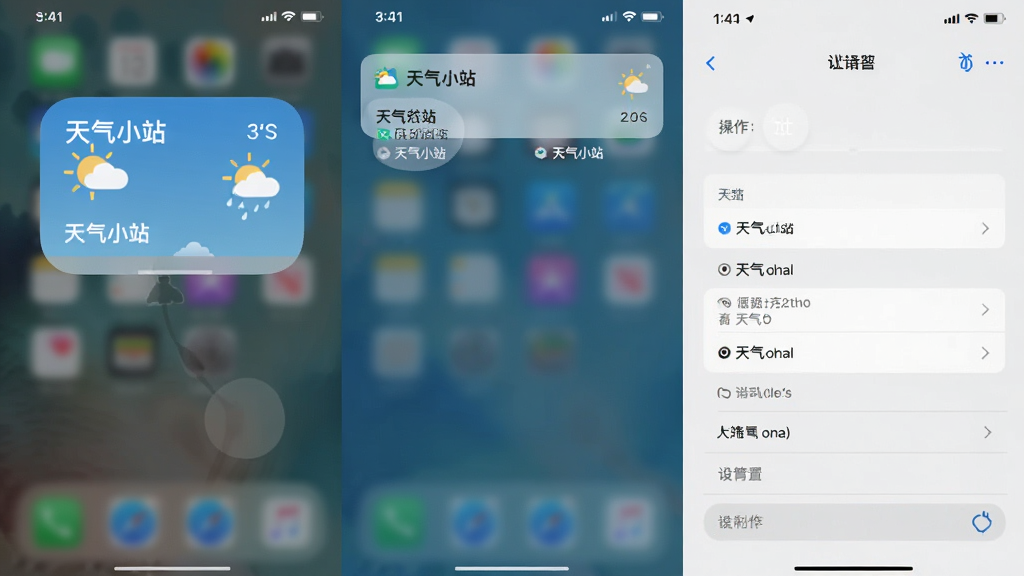 一组手机截图拼图,展示“天气小站”的桌面小插件、通知栏天气和设置界面,操作路径清晰可见,风格简洁,画质干净,无多余元素,文字标注“天气小站”