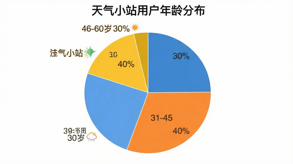 一张用户年龄分布饼状图,显示“天气小站”用户中18-30岁占30%,31-45岁占40%,46-60岁占30%,图表风格简洁,配色清晰,无多余元素,标题“天气小站用户年龄分布”