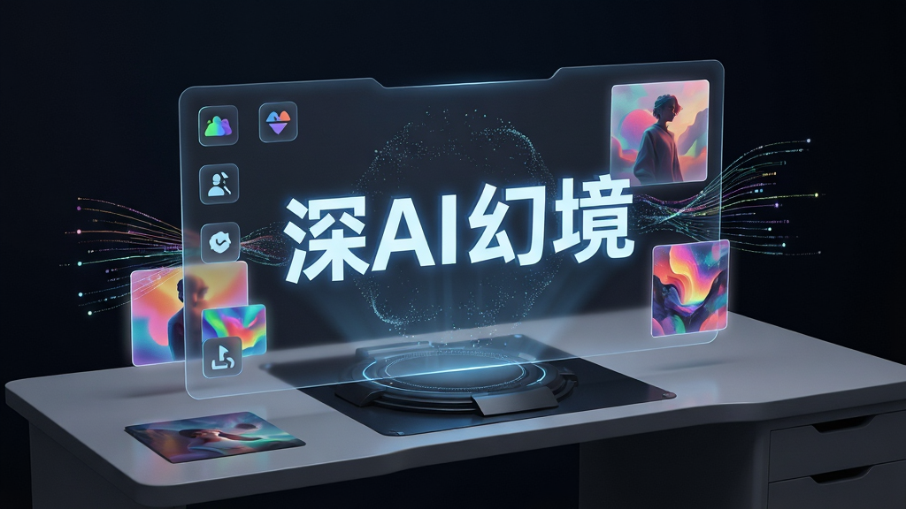 一张充满未来科技感的工作台,桌面悬浮着半透明的全息投影界面,界面中央显示“深AI幻境”四个发光大字,周围环绕着色彩斑斓的生成图像和流动的数据线条,背景是暗色渐变,营造出神秘而强大的AI氛围。主体:工作台与全息投影。布局:中心突出软件名称,周围环绕功能图标和生成的艺术画作。排版:文字清晰醒目,图标排列错落有致。风格:赛博朋克与极简主义结合,光影层次丰富。细节:投影界面有细微的粒子效果,图像边缘有柔光。画质:8K超高清,细节丰富,干净无多余元素。