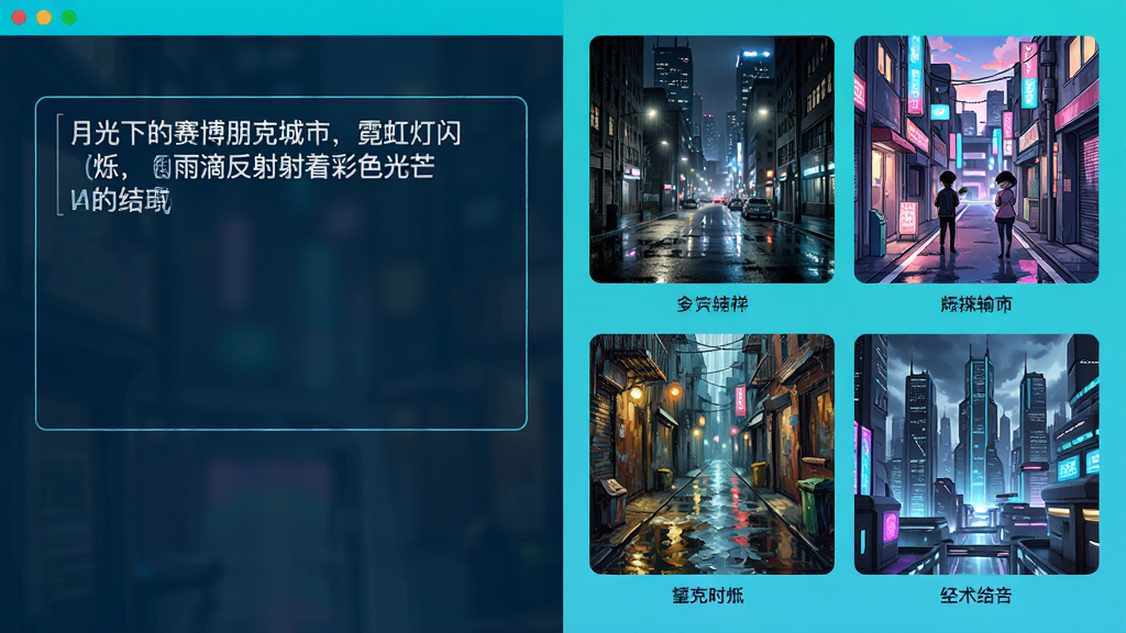 屏幕截图风格,左侧是输入框,里面写着“月光下的赛博朋克城市,霓虹灯闪烁,雨滴反射着彩色光芒”,右侧并排展示四张生成结果:写实摄影风格的城市夜景、二次元动漫风格的街道、油画质感的雨巷、3D渲染的未来都市。主体:软件界面与生成结果对比。布局:左右分屏,左输入右输出。排版:四张图片均匀排列,每张图下方有风格标签。风格:界面简洁现代,青色与深蓝为主色调。细节:每张图都有细微的差异,体现AI的多样性。画质:高清,细节丰富,干净无多余元素。