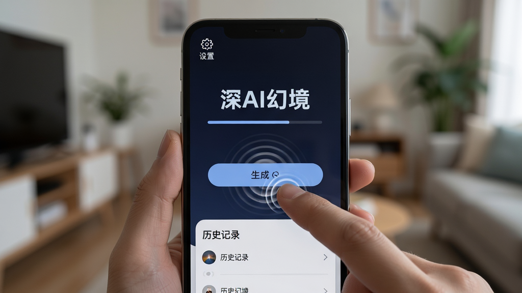 手机屏幕显示“深AI幻境”的操作界面,手指正在点击生成按钮,屏幕上方有“设置”图标,下方有“历史记录”列表,背景是模糊的室内环境,突出手机界面。主体:手机与操作界面。布局:手机居中,背景虚化。排版:界面简洁,按钮清晰。风格:写实生活化。细节:手指点击时有轻微的涟漪效果,屏幕上显示进度条。画质:高清,干净无多余元素。