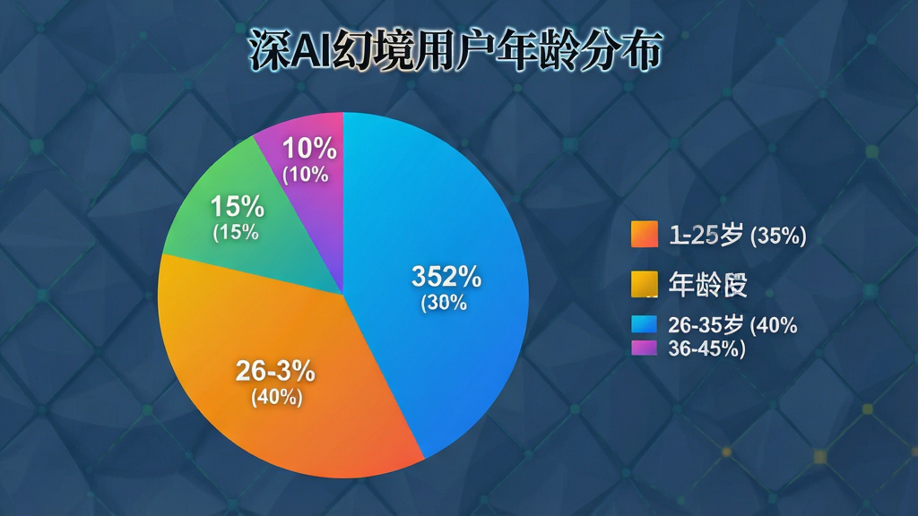 一张饼状图,展示不同年龄段用户占比,18-25岁占35%,26-35岁占40%,36-45岁占15%,46-60岁占10%,图表配色鲜艳,标题为“深AI幻境用户年龄分布”。主体:饼状图。布局:图表居中,图例在右侧。排版:百分比标签清晰。风格:扁平化设计,色彩明快。细节:每个扇区有细微的渐变。画质:高清,干净无多余元素。