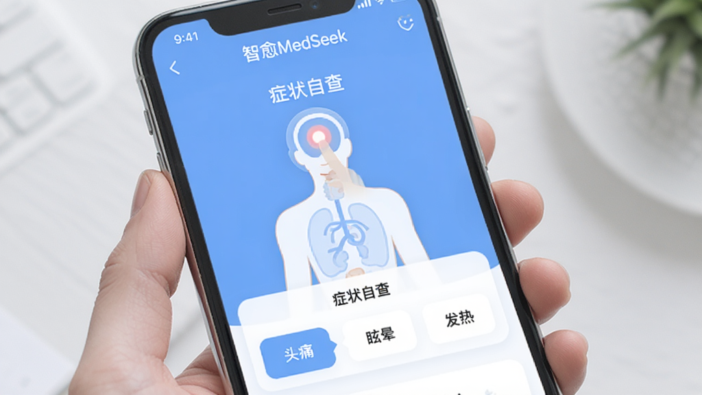 չʾ������MedSeek��App�ġ�֢״�Բ顱���ܽ��棬�ֻ���Ļ����ʾһ����������ͼ���û����ͷ��λ�ú��·�������ͷʹ������ѣ�Ρ��������ȡ���ѡ�������Ʋ��ÿ�Ƭʽ���֣�ɫ����ͣ�����ɫ�Ͱ�ɫΪ�����������������ʸɾ������רҵ���Ѻ�