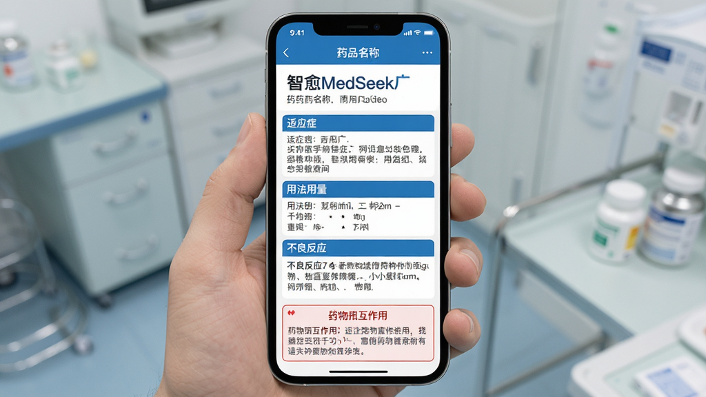 չʾ������MedSeek��App�ġ�ҩƷ��ѯ�����ܣ��ֻ���Ļ��ʾһ��ҩƷ������ҳ��ҳ�涥����ҩƷ���ƺͳ�����Ϣ���м��ǡ���Ӧ֢�������÷�����������������Ӧ���������ķ��������·��ǡ�ҩ���໥���á��ľ�ʾ�򣬽�����Ϊ����ҽ��������ɫ����Ϣ�㼶�����������������޶���Ԫ��