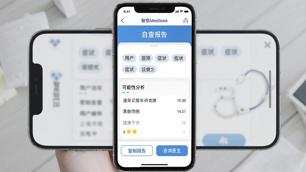 һ���ֻ�������ͼ����ʾ������MedSeek��App�ġ�֢״�Բ顱�������ҳ�棬ҳ�涥���ǡ��Բ鱨�桱���⣬�м����û�ѡ���֢״��ǩ�Ϳ����Է����б����ײ��С����Ʊ��桱�͡���ѯҽ����������ť��������Ƽ�࣬�԰�ɫ����ɫΪ�����������������ʸɾ������רҵ