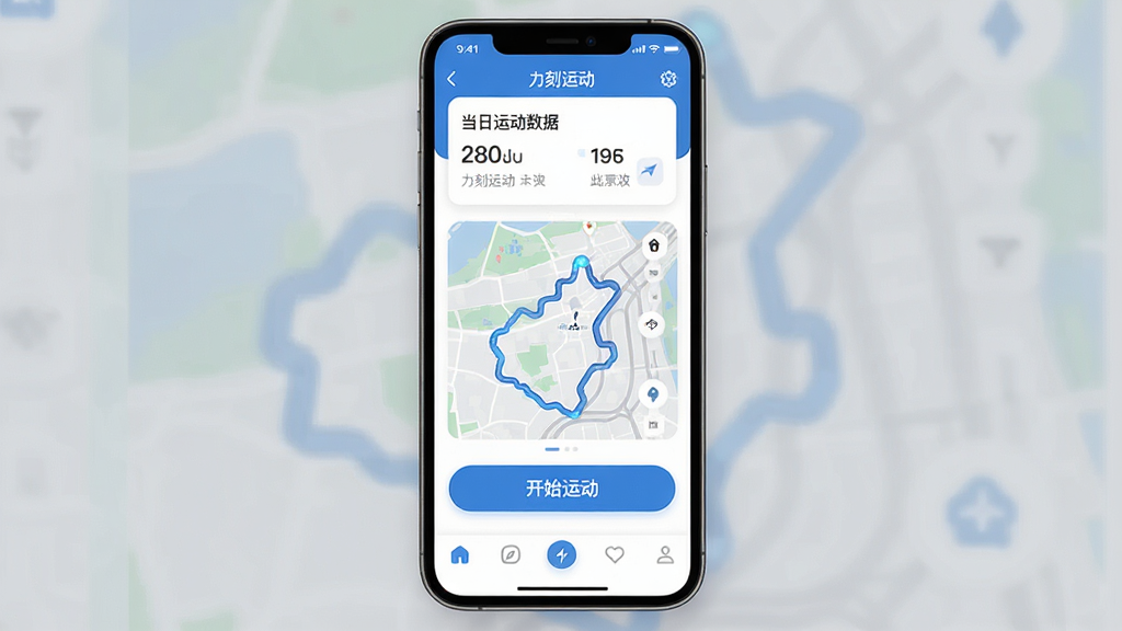 һ��չʾ�����˶�APP���Ľ���ĸ����ͼ������Ϊ�����ֻ���Ļ����Ļ����ʾ�����˶������棬���ְ������������˶����ݸ�����Ƭ���м�Ϊ��ͼ�켣չʾ���򣬵ײ�Ϊ��ʼ�˶���ť�͵ײ�������������ִ���ƽ��������Ϊ��ɫ����ϸ��Բ�󣬻��ʸɾ��޶���Ԫ��