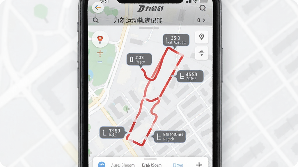 һ��չʾ�����˶��켣��¼���ܵ�ͼƬ������Ϊ�ֻ���Ļ��д����Ļ��ʾ�����˶�Ӧ�õĵ�ͼ���棬һ����ɫ�˶��켣���ڵ�ͼ�������ɼ����켣��Χ�о��롢���١�ʱ�������ݱ�ǩ������Ϊ���Ľֵ���ͼ������ִ���ƽ��ϸ�����������ʸɾ��޶���Ԫ��