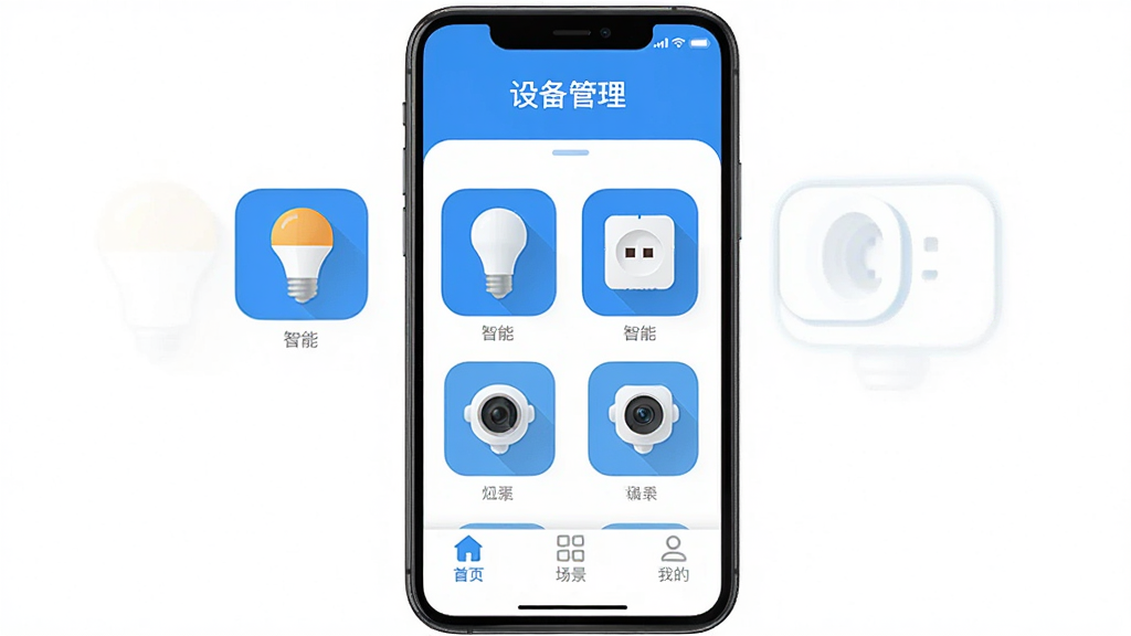 һ�������ֻ���Ļչʾ��������app�����棬����������Ϊ��ɫ����������ʾ���豸�������ĸ��֣��м����������ܵ��ݡ����ܲ���������ͷ���豸ͼ�꣬�ײ��С���ҳ�������������ҵġ�����ѡ����������ƽ����ͼ��Բ�����������ʸɾ��޶���Ԫ�ء�