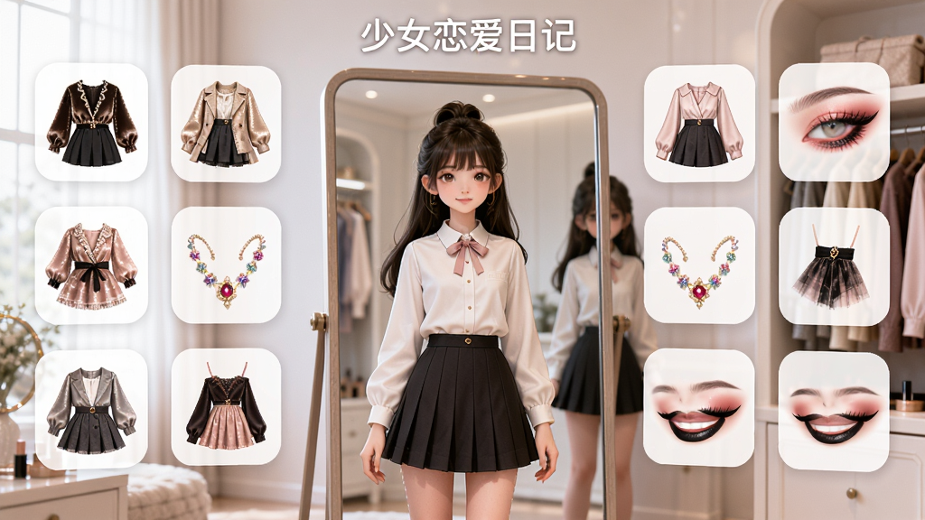 ���壺����Ů�����ռǡ���Ϸ�ڻ�װ�䣬һλ��Ů��ɫվ�����¾�ǰ����Χ�����Ÿ��־����ķ�װ����Ʒ��ױ��ͼ�ꡣ���֣���ɫ���У�����ͼ�껷�����ܡ��Ű棺ͼ���������룬�������ѡ�񡣷��ʱ����־��Ƭ�У�����������͡�ϸ�ڣ������ʸи߼���ױ��Ч�����£����¾���ӳ����ɫ��Ӱ�����ʣ��������ɾ����޶���Ԫ�ء�