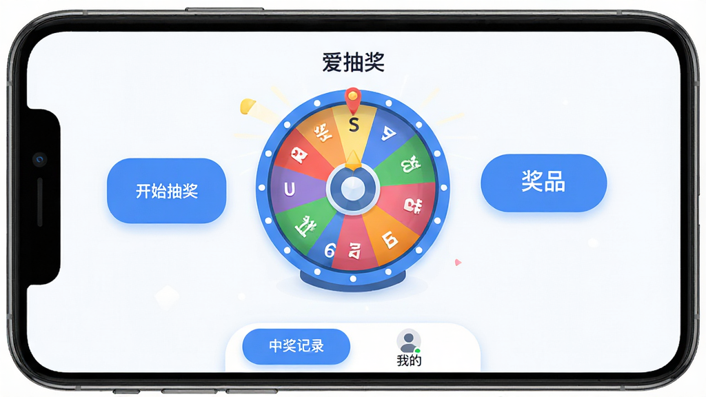 һ��չʾ�����齱���ֻ�Ӧ��������ĸ���ͼƬ��������Ƽ���ִ�������ɫ�Ͱ�ɫΪ��ɫ����������һ��ɫ�����޵ĳ齱ת�̣���Χ�С���ʼ�齱���͡���Ʒ���á��Ȱ�ť���ײ��С��н���¼���͡��ҵġ�ѡ������岼��������ͼ��Բ�󣬻��ʸɾ��������޶���Ԫ�ء�