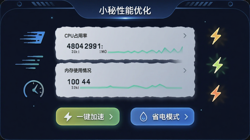 С�������Ż����棬��ʾCPUռ���ʡ��ڴ�ʹ��������·��С�һ�����١��͡�ʡ��ģʽ����ť����Χ���ٶ��ߺ�����ͼ�꣬���Ƽ��У����ʸɾ���