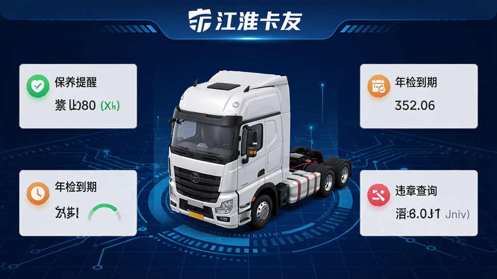 一张“江淮卡友”APP车况管理界面,显示一辆卡车的3D模型图,周围环绕着“保养提醒”、“年检到期”、“违章查询”等数据卡片,背景为科技感十足的深蓝色网格,风格偏商务,细节精致,画质干净,重点突出“江淮卡友”品牌标识。