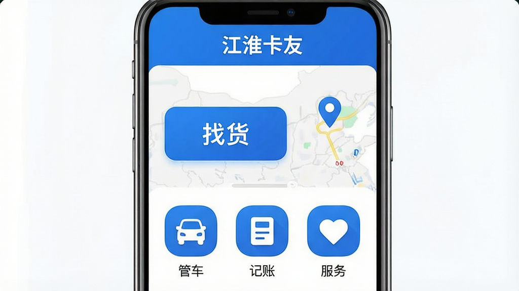 一张手机屏幕展示“江淮卡友”APP主界面,界面以蓝色和白色为主色调,顶部显示“江淮卡友”字样,中间是醒目的“找货”按钮和地图定位图标,下方排列着“管车”、“记账”、“服务”等圆角功能图标,整体风格现代简洁,画质干净,无多余元素。