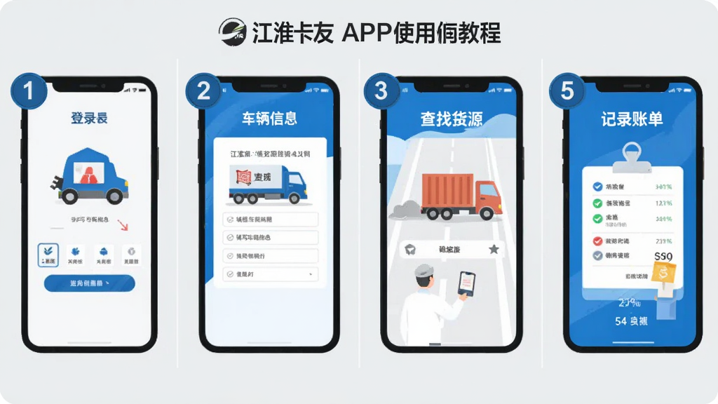 一组“江淮卡友”APP使用教程的步骤图,采用扁平化插画风格,分别展示手机登录、填写车辆信息、查找货源、确认接单、记录账单的五个步骤,每个步骤有独立的数字编号和简洁的图标,背景是浅灰色,整体风格清新,画质干净,无多余元素。