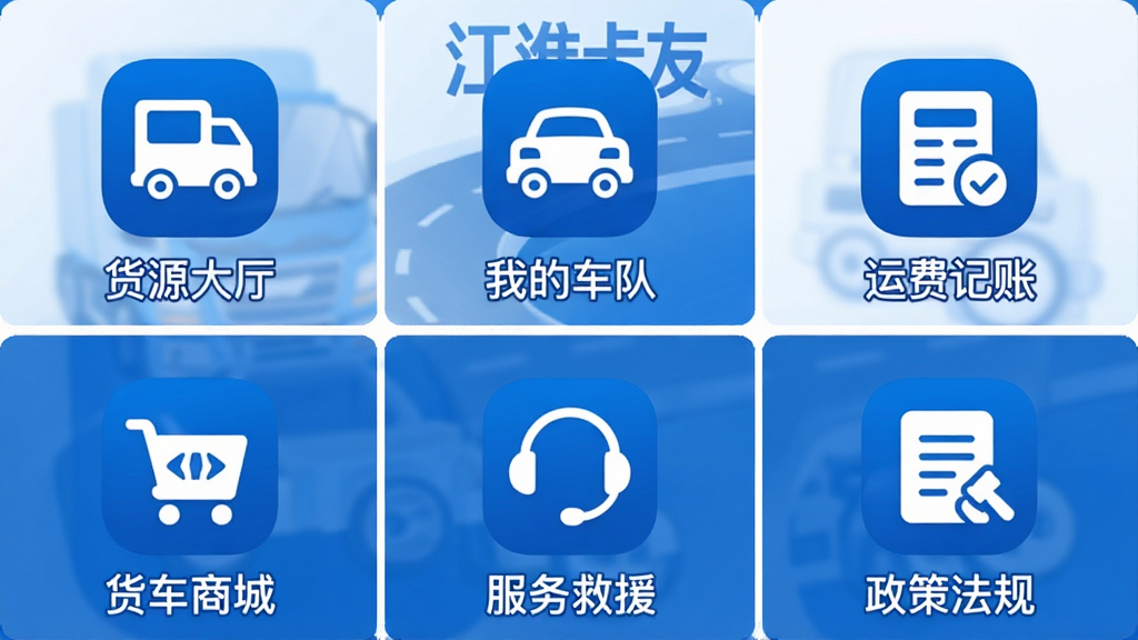 一张“江淮卡友”APP的功能聚合页面截图,布局采用九宫格形式,每个图标下方有文字标签,如“货源大厅”、“我的车队”、“运费记账”、“货车商城”、“服务救援”、“政策法规”,整体色调统一为蓝色和白色,图标线条流畅,画质干净清晰,无多余装饰。