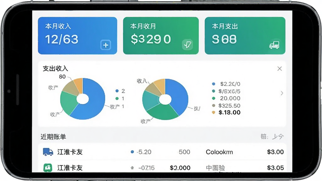 一张“江淮卡友”APP记账功能界面,顶部显示本月收入与支出的数字卡片,中间是收入、支出分类的饼状图,下方是近期账单列表,每条账单带有小图标和金额,整体界面以白色为底色,搭配蓝色和绿色强调色,风格简洁直观,画质干净无多余元素。