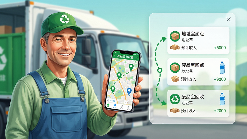 ���壺һλ���Ź������Ļ���ʦ��վ�ڻ����ԣ��ֳ��ֻ��鿴��Ʒ�����ն�APP�ϵĶ���·��ͼ���ֻ���Ļ�Ŵ���ʾ��ͼ�Ͷ�����յ��ǡ����֣�ʦ��λ�ڻ�����࣬�Ҳ��ǰ�͸����·�߹滮��������չʾ��㡢;������յ㡣�Ű棺���������г�����������Ƭ��ÿ����Ƭ��ʾ��ַ��Ԥ�����롣���дʵ�廭�磬ɫ����������ɫ������ͻ�������͸�Ч��ϸ�ڣ�ʦ�����΢Ц���ֻ���Ļ���С���Ʒ�����նˡ�������·��Ϊ��ɫ���ߣ�;������ֽ�䡢����ƿͼ�ꡣ���ʣ��߷ֱ��ʣ��ɾ��޶���Ԫ�ء�