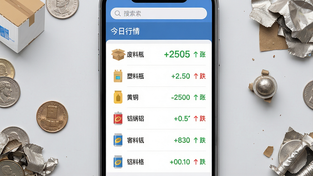���壺һ�ŷ�Ʒ�����ն�APP�ڵļ۸�����ҳ���ͼ��ҳ�涥����ʾ���������顱���⣬�·�ΪƷ��۸��б���ÿ����Ʒ��ͼ�ꡢ�۸����ֺ��ǵ���ͷ�����֣���ͼ���У�����Ϊǳ��ɫ���棬��Χɢ�伸öӲ�Һͷ�ƷС�����Ű棺�б��������۸�����ɫ���ǣ��ͺ�ɫ��������ע������������������񣺱�ƽ��UI��ƣ�������ˡ�ϸ�ڣ�Ʒ�������ֽ�䡢����ƿ����ͭ�����޵ȣ��۸�����ͻ�������ʣ������������ɾ��޶���Ԫ�ء�