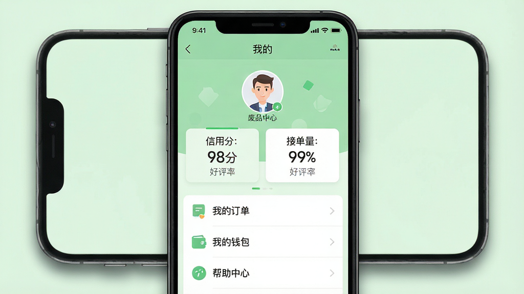 ���壺һ�ŷ�Ʒ�����ն�APP�ġ��ҵġ��������Ľ����ͼ����ʾ���÷֡��ӵ����������ʵ����ݣ�����Ϊ����ɫ�����֣���ͼ���У���Χ���ֻ��߿���Ӱ���Ű棺����ͷ���ڶ������·�Ϊ���ݿ�Ƭ�����·��ǹ����б�����񣺱�ƽ��UI������ִ���ϸ�ڣ����÷���ʾ��98�֡��������ʡ�99%���������б��С��ҵĶ����������ҵ�Ǯ���������������ġ������ʣ����壬�ɾ��޶���Ԫ�ء�
