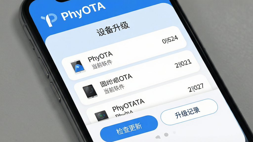 һ��չʾPhyOTAӦ��������ĸ����ͼ���������ֻ���Ļ�е�App���棬������ʾ��PhyOTA��Ʒ��Logo�͡��豸���������⣬�м��г������豸���ƺ͵�ǰ�̼��汾���ײ��С������¡��͡�������¼��������ť�����ּ������������������ɫ������ִ���ƽ��ϸ��Բ�󣬻��ʸɾ��޶���Ԫ�ء�