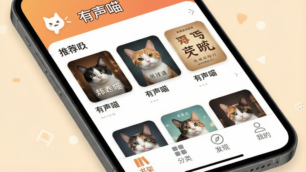 һ��չʾ������App������ĸ����ͼ������Ϊһ�������ֻ���Ļ��д����Ļ����ʾ����������ҳ�Ƽ��б���������������С˵�ķ�����������������ůɫ�������ּ�������������С�������������logo���ײ�������Ϊ����ܡ��������ࡱ�������֡������ҵġ����������ִ���ƽ��ϸ��Բ�󣬻��ʸɾ��޶���Ԫ�ء�