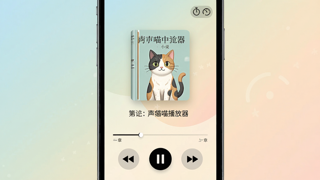 һ��չʾ�����������������ͼƬ������Ϊ�ֻ���Ļ�ϵĲ���ҳ�棬���ڲ���һ��С˵��ҳ��������ʾ�鼮����͵�ǰ�����½������·��ǲ��Ž������Ͳ��š���ͣ����һ�¡���һ�°�ť�����Ͻ��ж�ʱ�ͱ�������ͼ�꣬����Ϊ���ŵĽ���ɫ����������£����ʸɾ��޶���Ԫ�ء�
