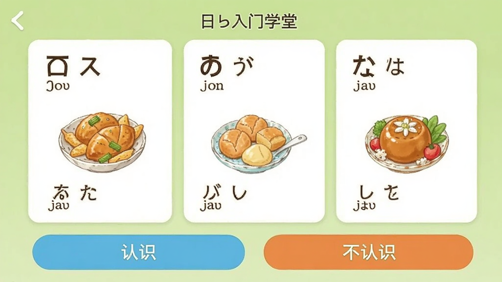 ��������ѧ��App�ĵ���ѧϰ���棬չʾһ����ʳ����ص����ﵥ�ʿ�Ƭ��ÿ�ſ�Ƭ�������ĺ��֡�������ע��ʳ���ͼ���ײ��С���ʶ���͡�����ʶ��������ť��������ǳ��ɫ��������¼�Լ�����ʸɾ��޶���Ԫ��