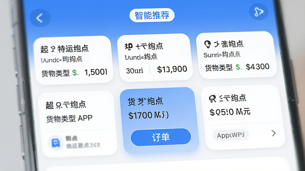 ����ͨ����APP������ҳ����д��������ʾ�������Ƽ�����ǩ���·�������������Ƭ��ÿ����Ƭ������ע����յ㡢�������ͺ��˷ѽ�����һ����Ƭ������ʾ����������ť��ҳ������������ɫ��������Ϊ����ϸ��Բ�󣬻��ʸɾ��޶���Ԫ��