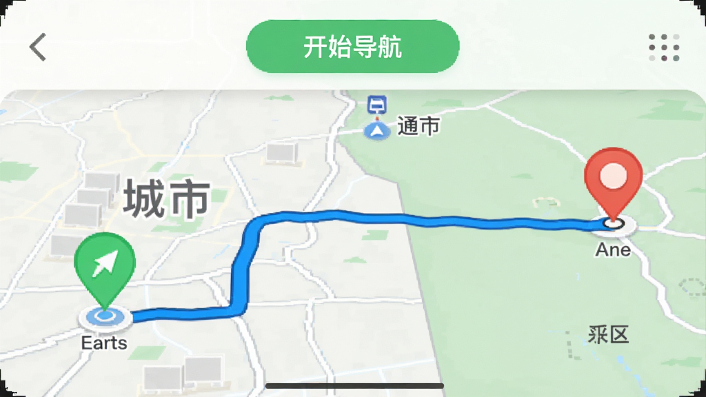 ����ͨ����APP�ĵ������棬��ʾһ���ӳ��е������Ļ���·�ߣ�·��Ϊ��ɫ���ߣ������յ�����ɫ�ͺ�ɫ��ǣ���Ļ�Ϸ��С���ʼ��������ť���������࣬��ͼ��Ϣ���������ʸɾ��޶���Ԫ��
