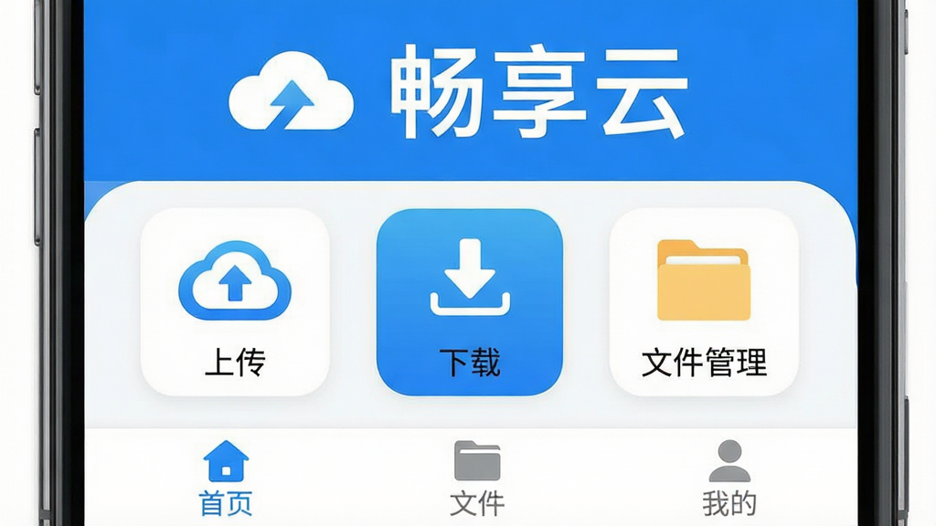 一张展示畅享云APP主界面的高清截图,主体是手机屏幕内的应用界面,布局清晰,上方显示“畅享云”三个大字和云朵图标,中间是几个大图标按钮如“上传”、“下载”、“文件管理”,底部是“首页”、“文件”、“我的”三个选项卡,整体风格现代扁平,以蓝色和白色为主色调,细节圆润,画质干净,无多余元素。