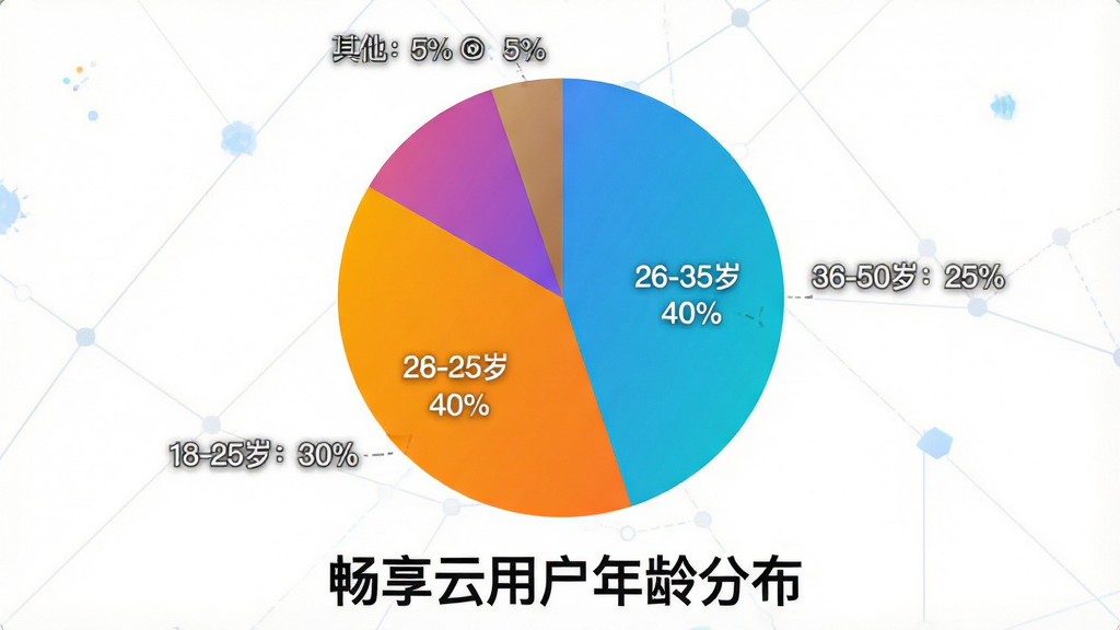 一张展示畅享云用户满意度的饼状图,主体是圆形图表,分为几个色块,不同色块上标注比例,如“18-25岁:30%”、“26-35岁:40%”、“36-50岁:25%”、“其他:5%”,图表下方有“畅享云用户年龄分布”标题,布局清晰,色彩鲜明,风格现代,细节清楚,画质干净,无多余元素。