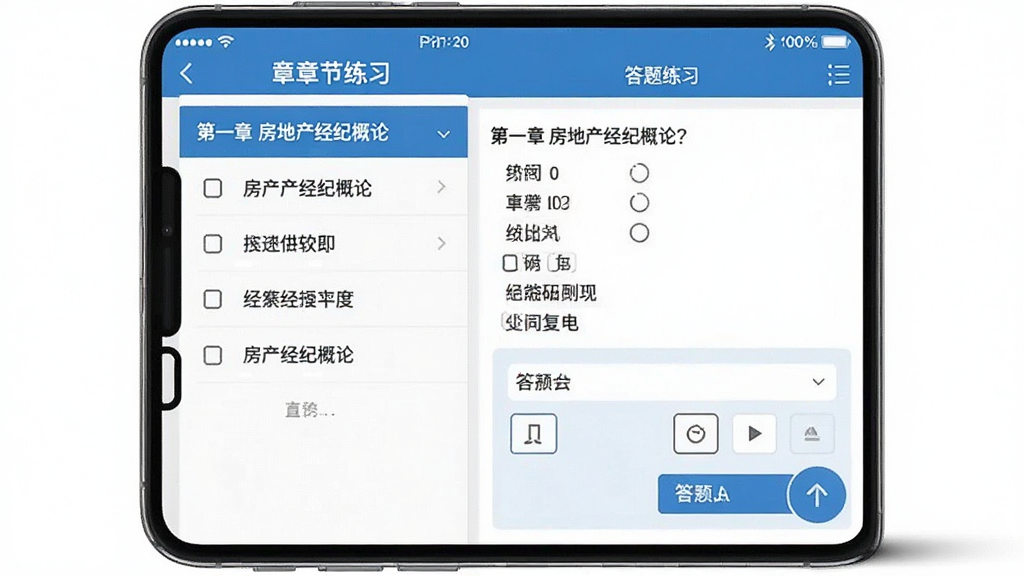 主体:手机屏幕显示房产经纪人协理软件的章节练习界面,左侧是“第一章 房地产经纪概论”等列表,右侧是选择题和答题卡。布局清晰,配色以蓝白为主,风格简洁,画质干净。
