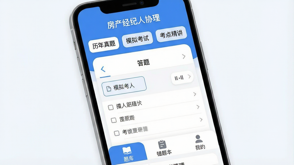 主体:手机屏幕展示房产经纪人协理软件界面,界面布局清晰,顶部有“房产经纪人协理”字样和“历年真题”、“模拟考试”、“考点精讲”等菜单按钮,中间是答题页面,下方有“题库”、“错题本”、“我的”三个选项卡。整体排版简洁,主色调为蓝色和白色,风格现代扁平,细节圆润,画质干净无多余元素。