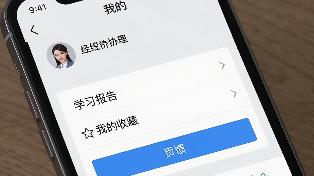 主体:手机屏幕显示房产经纪人协理软件的“我的”页面,包括“学习报告”、“我的收藏”、“意见反馈”等选项,顶部有头像和用户名,背景为浅灰色,蓝色按钮,风格简洁,画质干净。