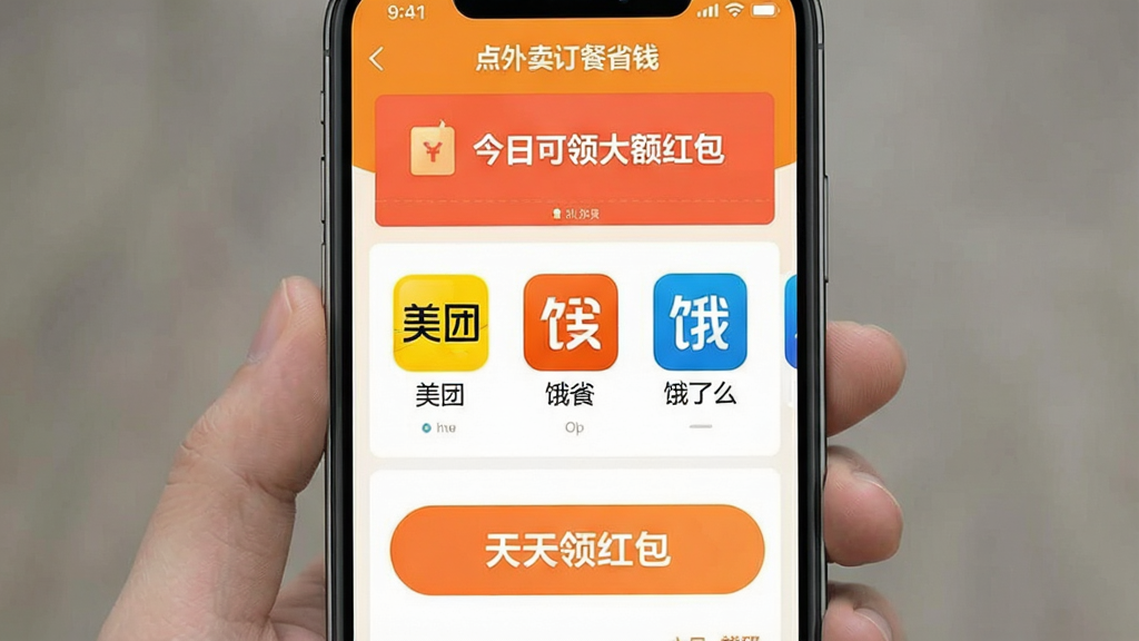 一张手机屏幕截图,展示“点外卖订餐省钱”APP主界面,界面以暖橙色为主色调,顶部显示“今日可领大额红包”字样,中间列出美团、饿了么等平台图标,下方是“天天领红包”大按钮,整体风格清新简洁,扁平化设计,画质干净无多余元素。