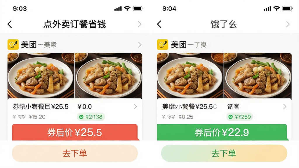 一个手机截图,展示“点外卖订餐省钱”APP的比价结果页面,左右分栏显示美团和饿了么的同一家店同一套餐的价格,左侧标红“券后价25.5”,右侧标绿“券后价22.9”,底部有“去下单”按钮,界面简洁,数据清晰,背景白色,扁平风格,画质干净。