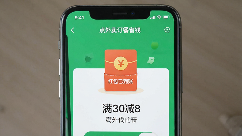 一张手机截图,展示“点外卖订餐省钱”APP的领券成功页面,页面中央有“红包已到账”图标,下方显示“满30减8”等字样,背景为绿色,风格简洁,画质干净。