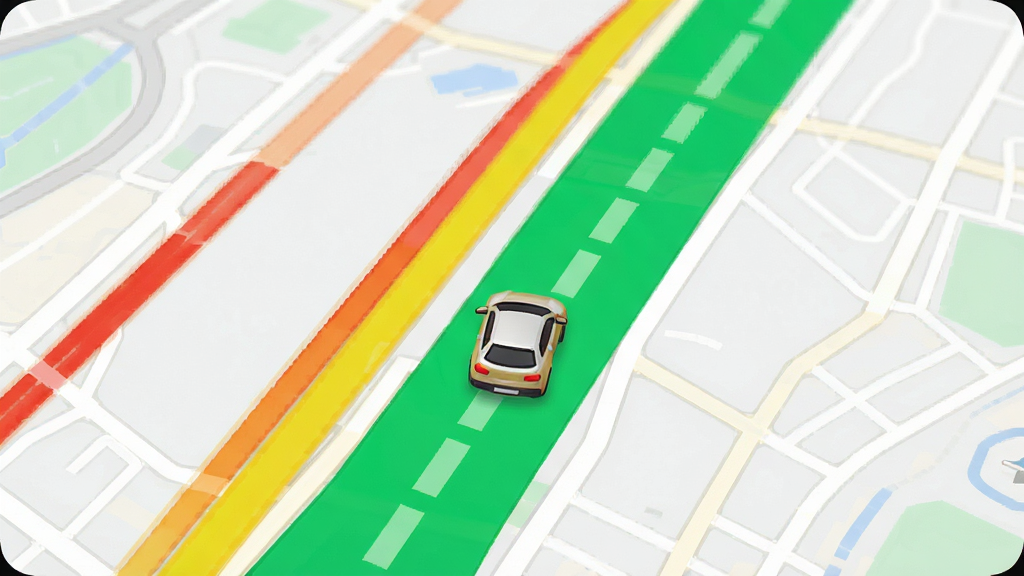 高行APP的实时路况界面,地图上显示红黄绿三条颜色的道路线条,一辆小汽车图标正在绿色路线上行驶,界面清晰展示避堵效果,画质干净,无多余元素