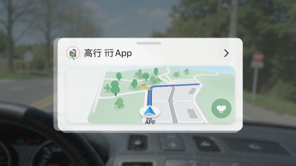 高行APP在手机后台运行的界面,显示正在导航的卡片,背景虚化,界面干净无广告,画质清晰,无多余元素