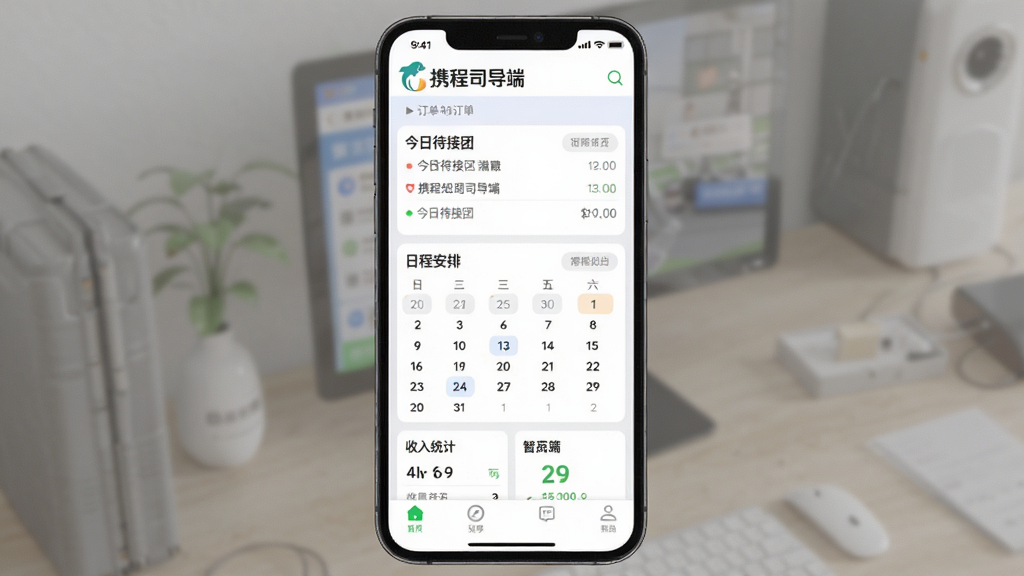 ͼƬչʾЯ��˾����APP���ֻ��ϵ����������棬����Ϊһ�������ֻ�����Ļ��������ʾЯ��˾���˵Ķ�������ҳ�棬�������մ������б����ճ̰�������������ͳ�ƿ�Ƭ�����ּ�����ˣ��Ϸ��С�Я��˾���ˡ���ɫLogo�����ƣ��·�Ϊ�ײ����������Ű����룬����ִ���ƽ��ϸ��Բ�󣬻��ʸɾ��޶���Ԫ�ء�