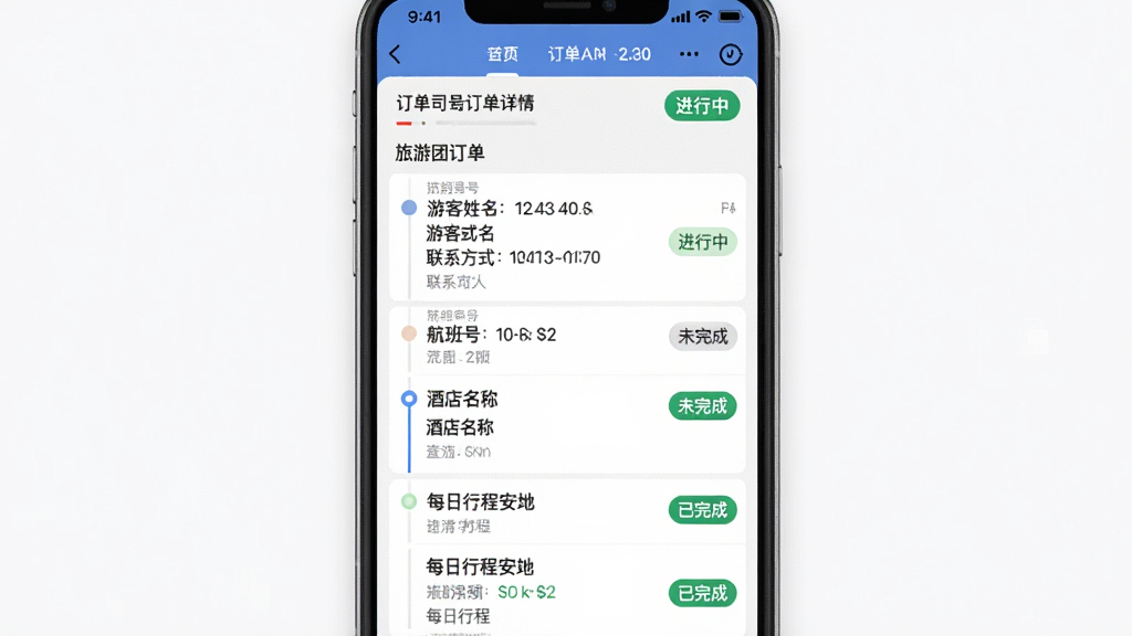 չʾЯ��˾���˶�������ҳ��ͼƬ������Ϊ�ֻ����棬��ʾһ�������е������Ŷ����������ο���������ϵ��ʽ������š��Ƶ����ƺ�ÿ���г̰����б���ÿ���г̽ڵ����С�δ��ɡ��͡�����ɡ�״̬��ǩ�����涥���ж�����ź͡������С���ɫ��ʶ��������������Ϣ�㼶��������������࣬���ʸɾ��޶���Ԫ�ء�