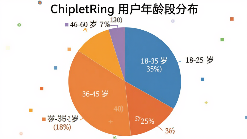 һ����״ͼ������Ϊ��ChipletRing �û�����ηֲ�����ͼ����ʾ�ĸ�ɫ�飬�ֱ���18-25��ռ35%��26-35��ռ40%��36-45��ռ18%��46-60��ռ7%��ͼ����ɫ��������ע׼ȷ������Ϊ��ɫ������ƽ�������ʸɾ��޶���Ԫ�ء�