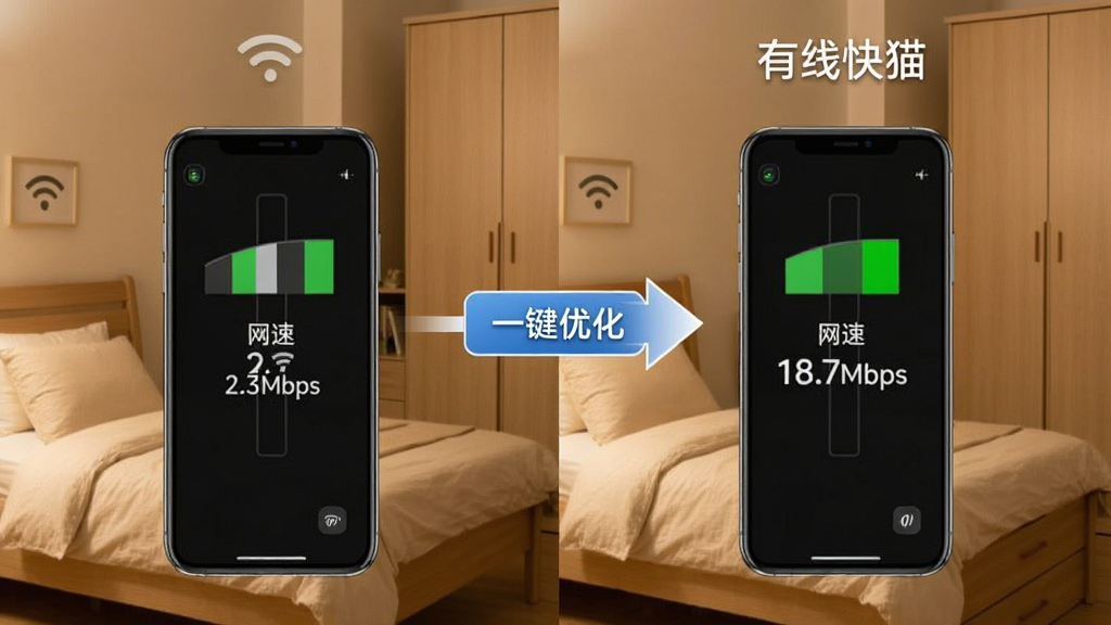 һ�ŶԱ�ͼ��������ʾ�ֻ������ҽ����WiFi�ź�ֻ��һ�����ٲ�����ʾ��2.3Mbps�����Ұ����ʾʹ�á����߿�è���Ż���ͬ��λ���źű�Ϊ�������ٲ�����ʾ��18.7Mbps�����м��ü�ͷ�͡�һ���Ż�����ť���ӡ���������ܰ������һ�ǣ��д����¹�ͼƬ�������ֱ�ۣ����ʸɾ��޶���Ԫ�ء�